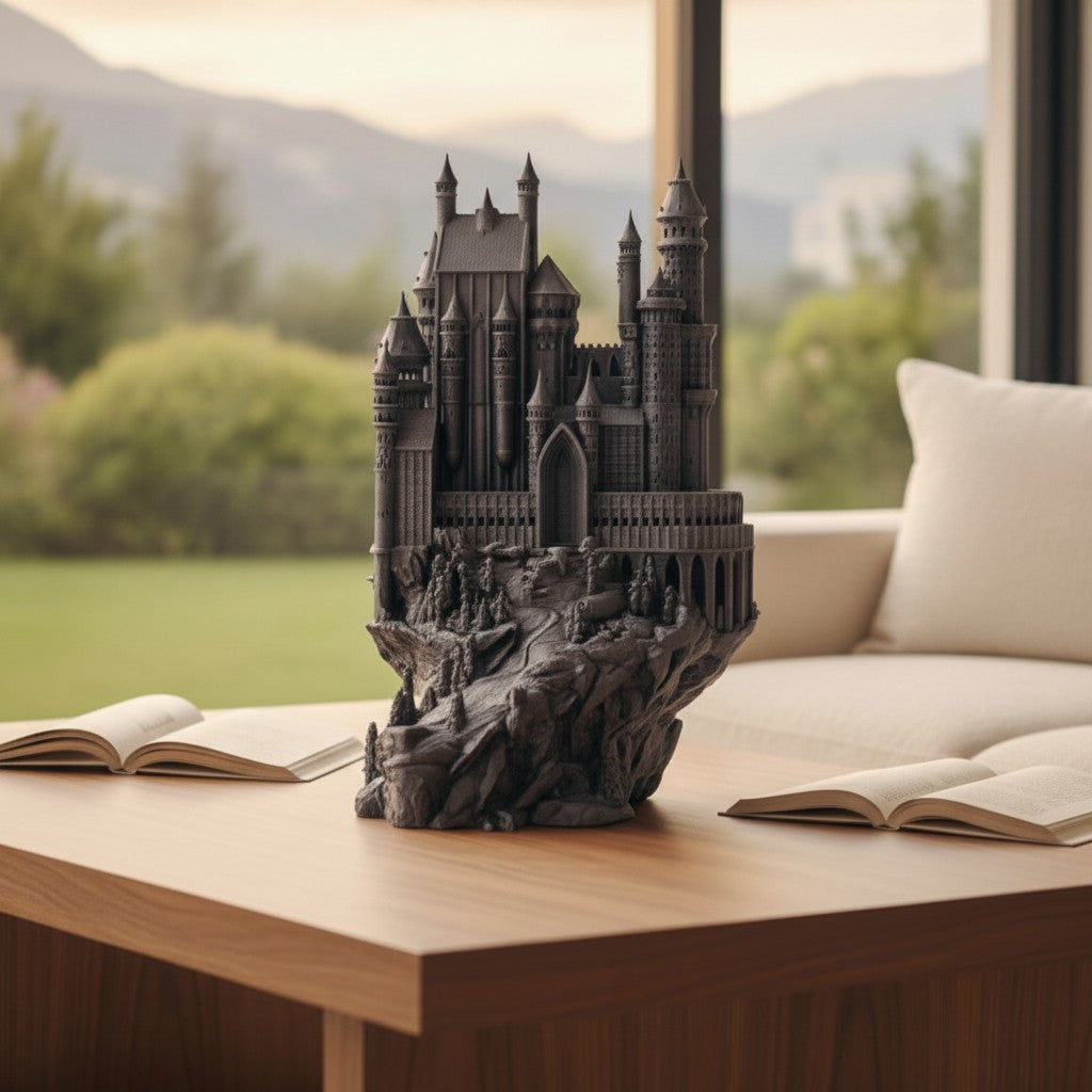 Magicland 3D Hogwarts dekoratif figür, detaylı gri reçine yapı, oturma odası masasında.