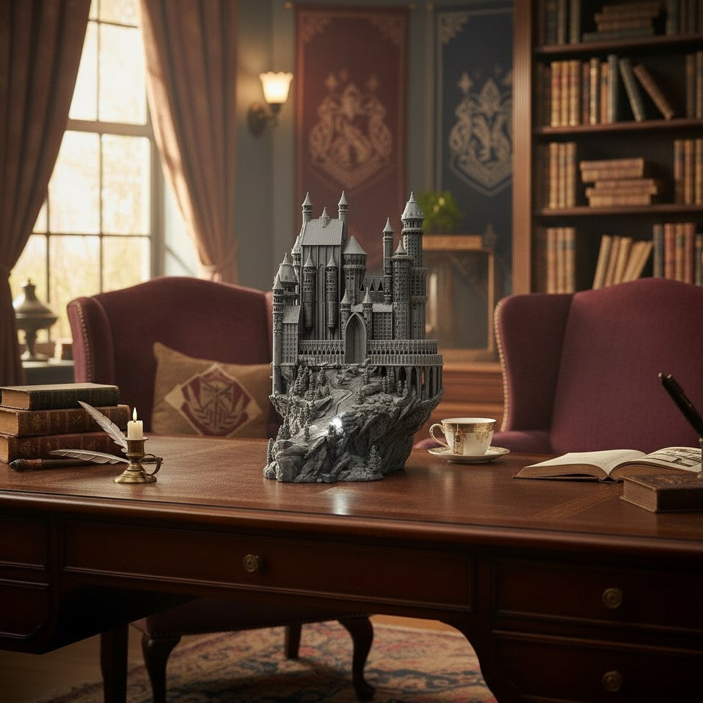 Magicland 3D Hogwarts dekoratif figür, gri reçine malzemeden yapılmış, detaylı bir şato modelidir. Masa üzerinde sergilenmektedir.
