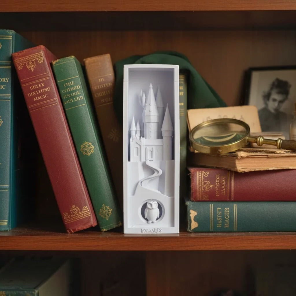 Magicland 3D beyaz PLA malzemeden üretilmiş, Hogwarts şatosu ve baykuş figürlü dekoratif kitap tutucu