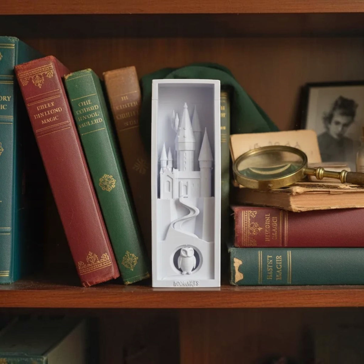 Magicland 3D beyaz PLA malzemeden üretilmiş, Hogwarts şatosu ve baykuş figürlü dekoratif kitap tutucu