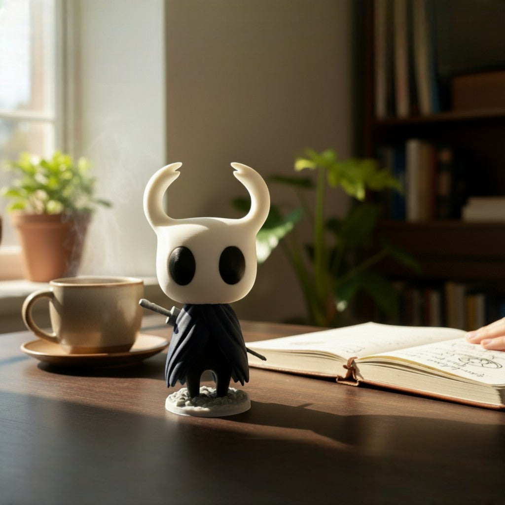 Magicland 3D Hollow Knight figürü, beyaz boynuzlu, siyah pelerinli ve kılıçlı, masa üzerinde duruyor.