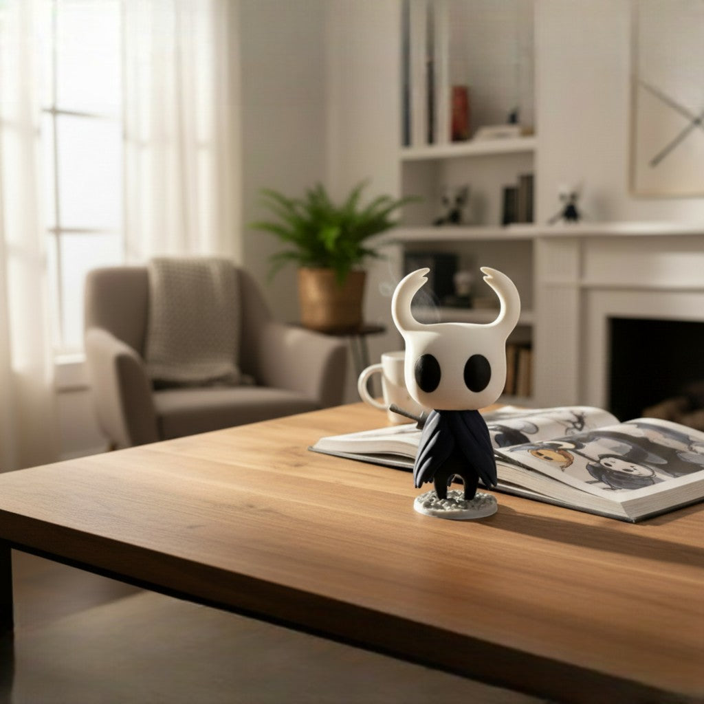 Magicland 3D Hollow Knight figürü, beyaz maskeli, siyah pelerinli, koleksiyonluk figür.
