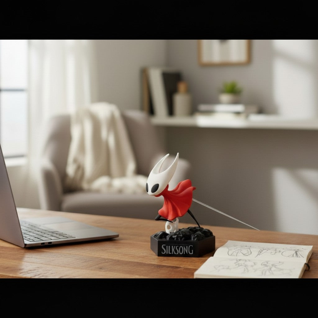 Magicland 3D Hollow Knight Figür - Hornet, kırmızı pelerinli ve beyaz maskeli, "SILKSONG" yazılı bir tabanda duruyor.