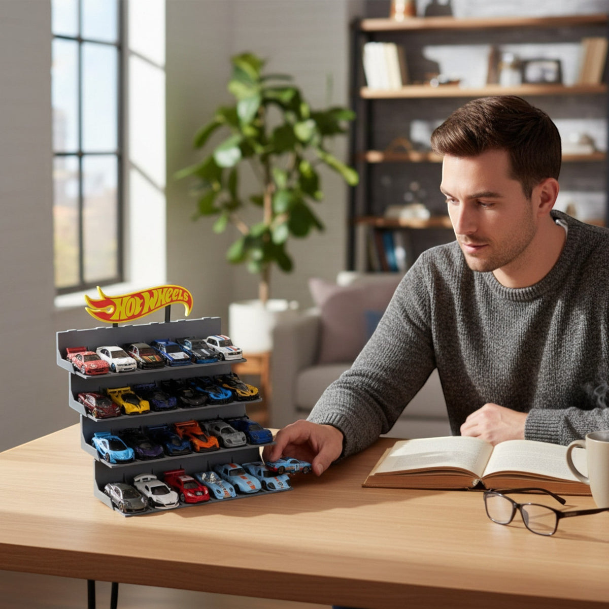 Magicland 3D Hot Wheels araba standı, 24 araba kapasiteli, gri renkte, koleksiyonluk oyuncak arabalar için ideal.