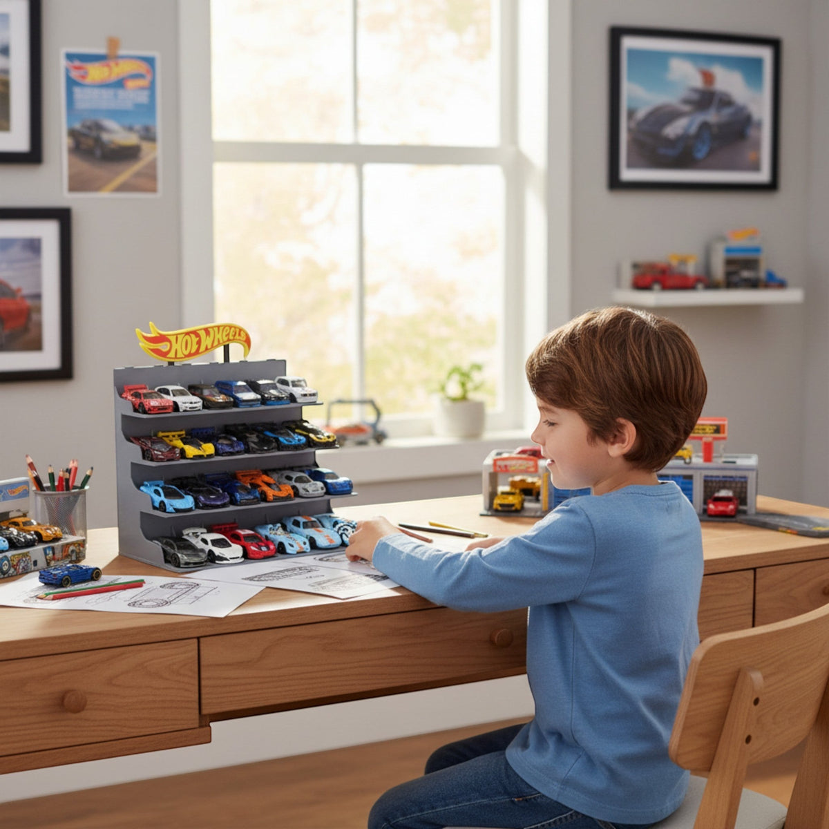 Magicland 3D Hot Wheels araba standı, 24 araba kapasiteli, gri plastik, çocuk odası için ideal.