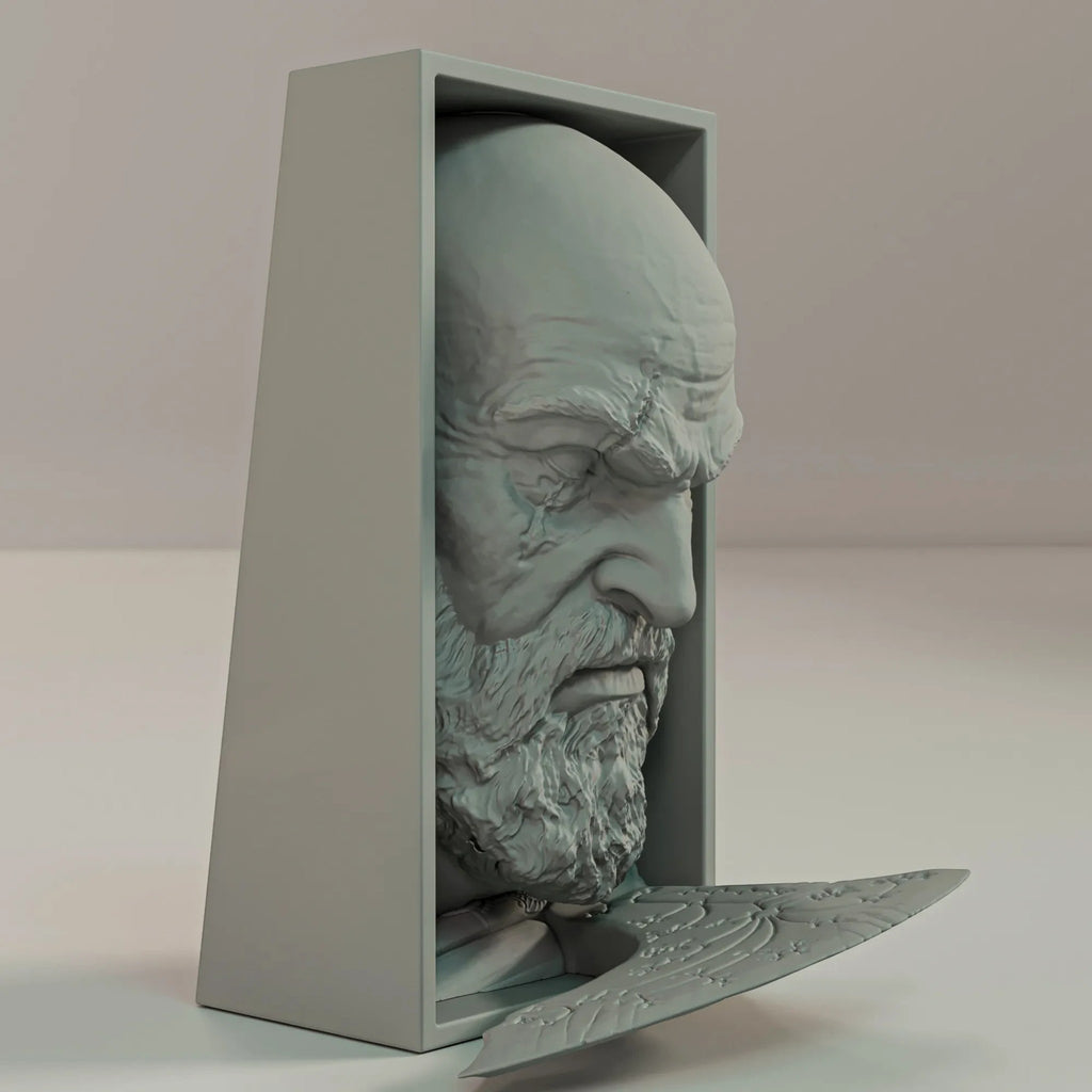 Magicland 3D Kratos temalı gri PLA malzemeden üretilmiş, balta detaylı dekoratif kitap tutucu