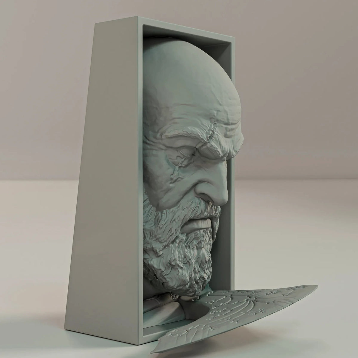 Magicland 3D Kratos temalı gri PLA malzemeden üretilmiş, balta detaylı dekoratif kitap tutucu