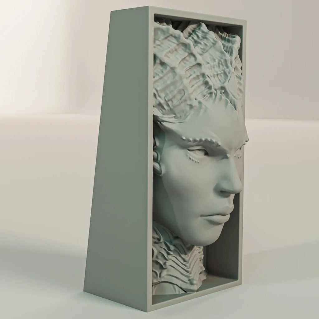 Magicland 3D Lilith kitap tutucu, boynuz ve pul detaylı dişi iblis kabartmalı gri dekoratif 3D baskı kitap desteği.