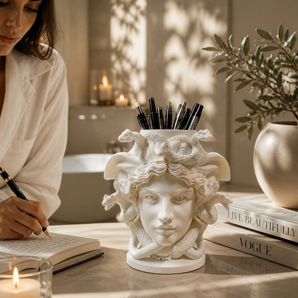 Magicland 3D mat beyaz mermer görünümlü yılan saçlı Medusa büstü şeklinde masaüstü kalemlik