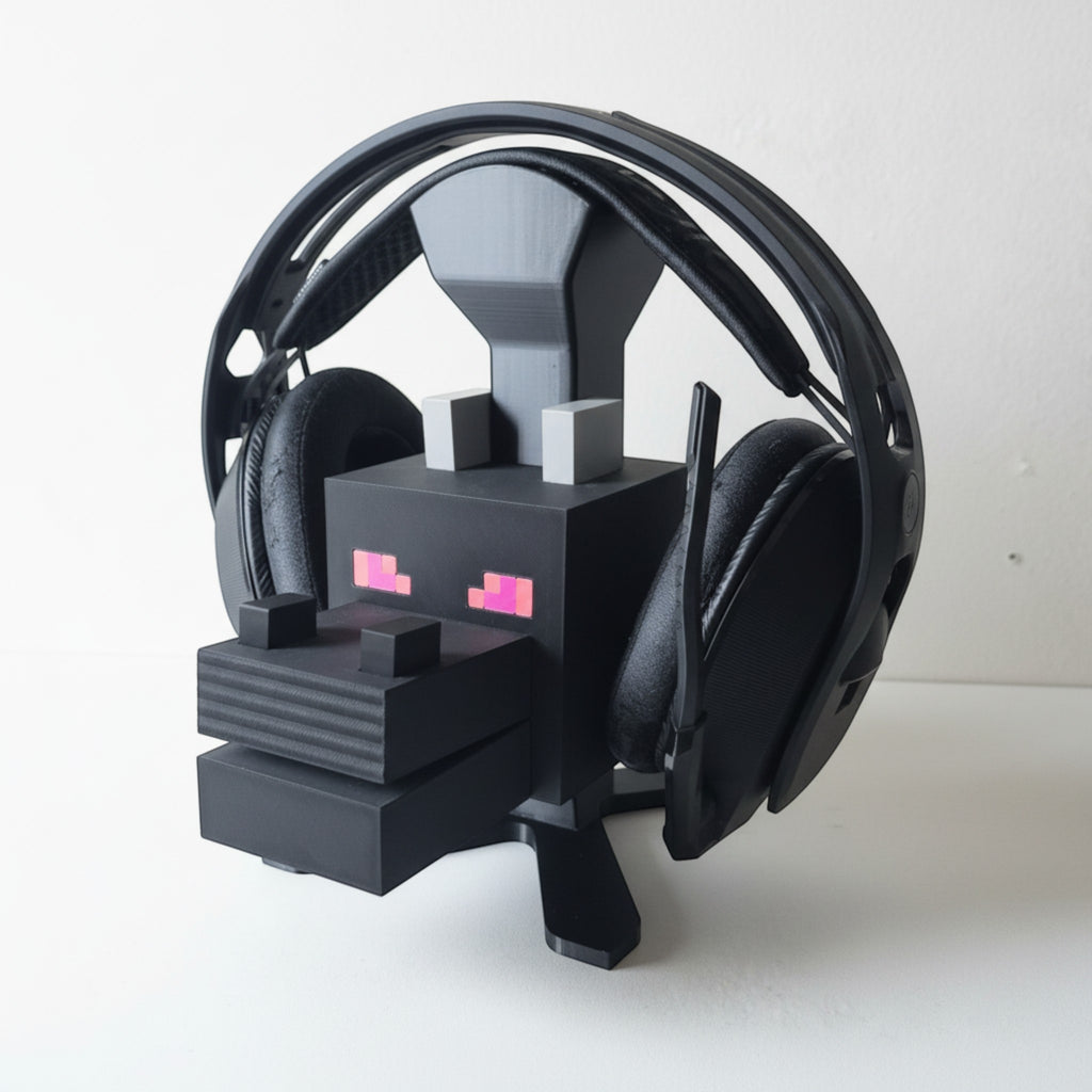 Magicland 3D Minecraft temalı siyah kulaklık standı, Enderman figürü şeklinde, pembe gözlü ve gri kulaklı.