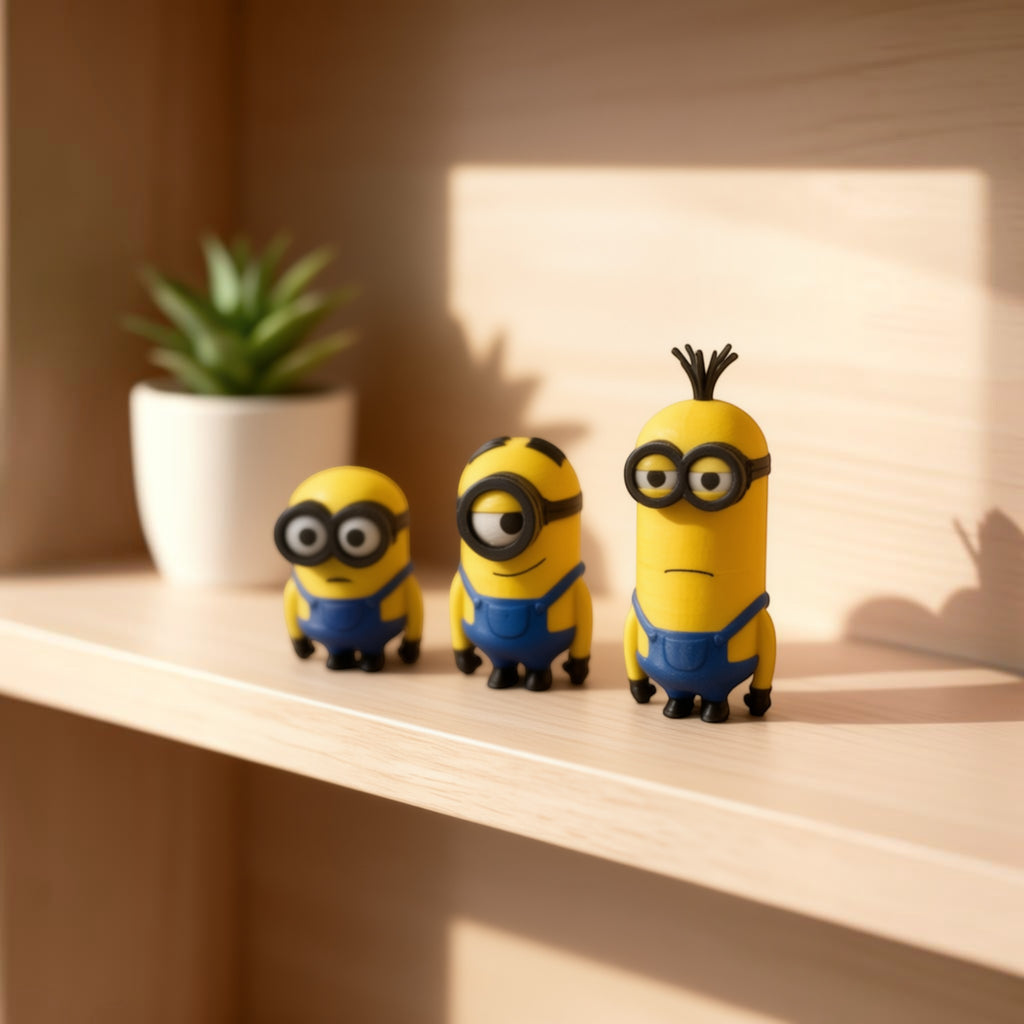 Magicland 3D sarı tulumlu üçlü Minion figür seti, kitaplık rafında sergilenen dayanıklı PLA 3D baskı dekoratif ürün