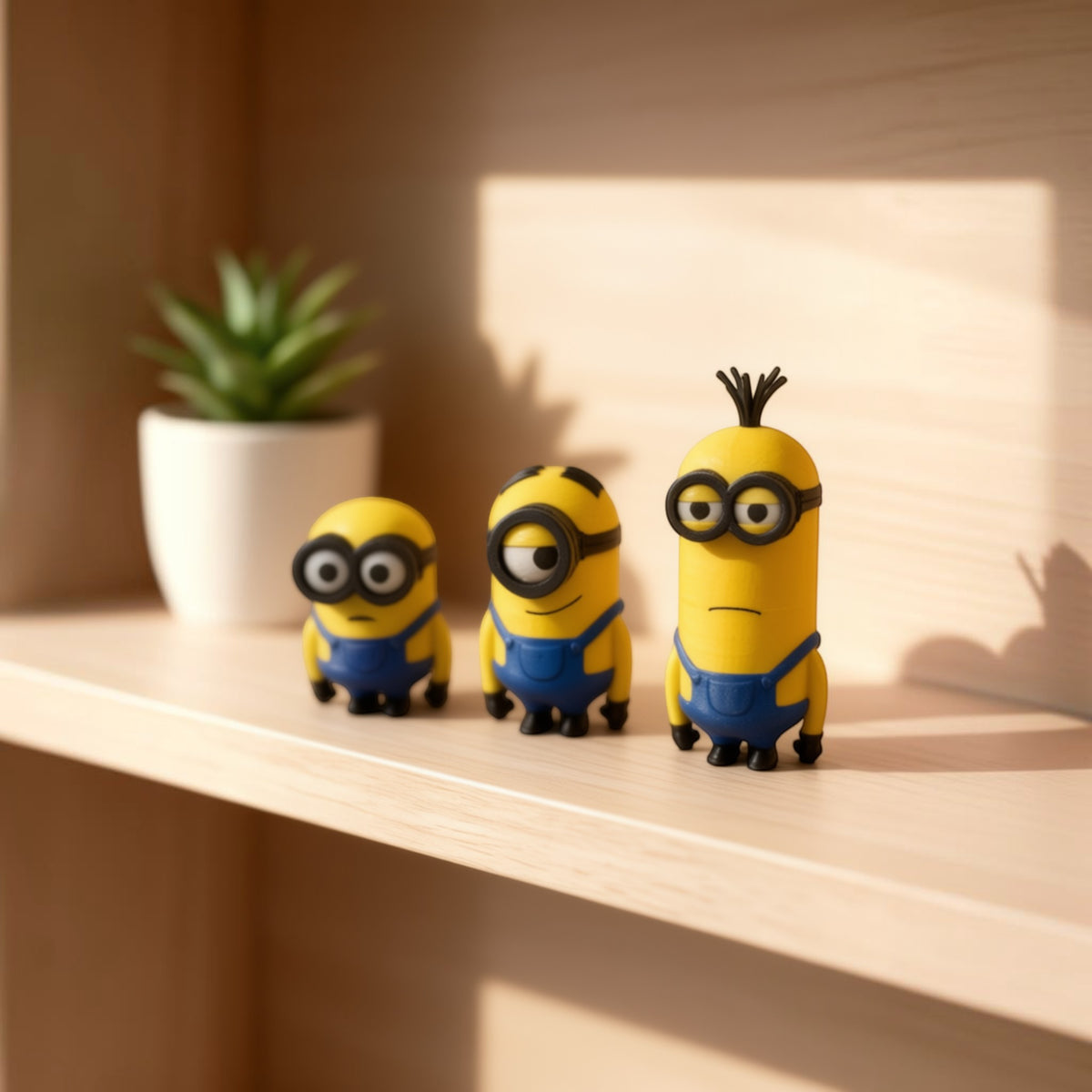 Magicland 3D sarı tulumlu üçlü Minion figür seti, kitaplık rafında sergilenen dayanıklı PLA 3D baskı dekoratif ürün