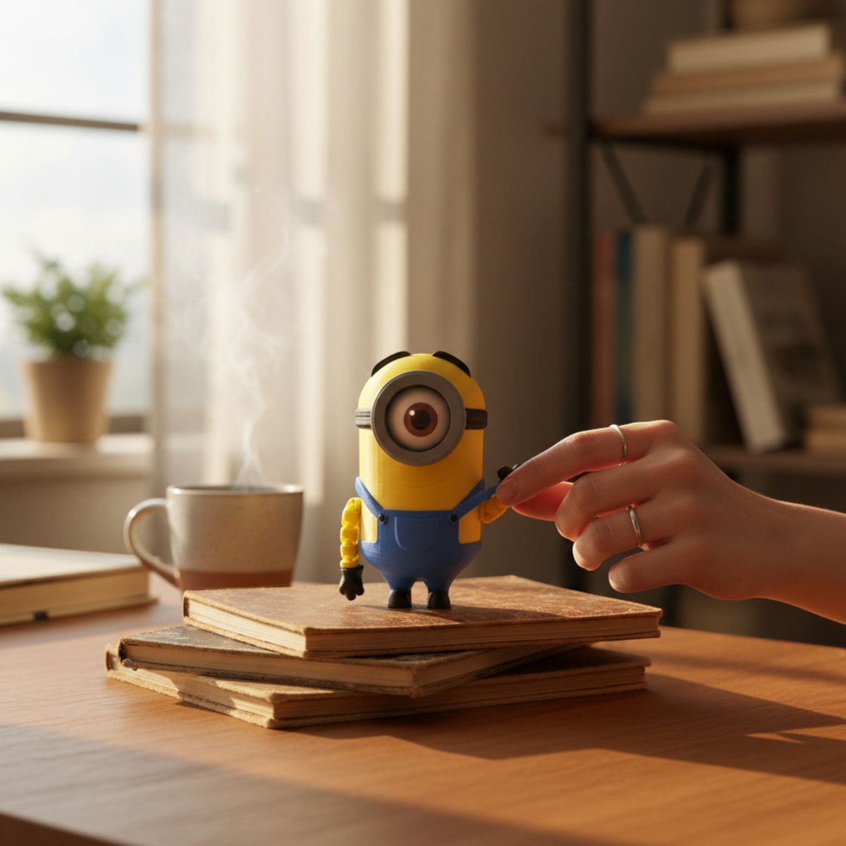 Magicland 3D Minion Flexi Figür, sarı ve mavi renkli, esnek figür, kitapların üzerinde duruyor.