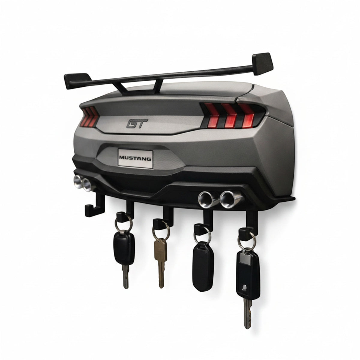 Magicland 3D Mustang GT anahtarlık askısı, gri renkli, egzoz borusu detaylı ve kancalı.