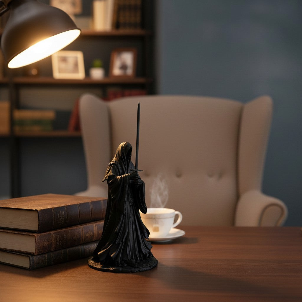 Magicland 3D Nazgul figürü, kılıç tutan, siyah, detaylı bir biblo. Masada duruyor.