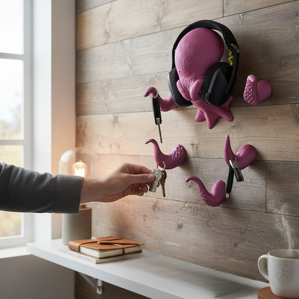 Magicland 3D pink octopus headphone stand and key holder, with tentacles for hanging items.