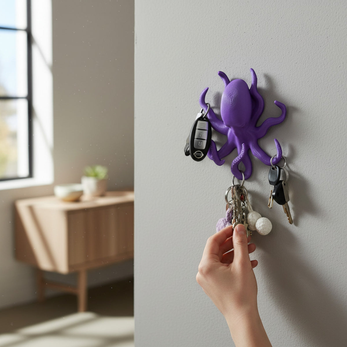 Magicland 3D purple octopus-shaped wall hook holding keys. A hand reaches to take keys from the hook.