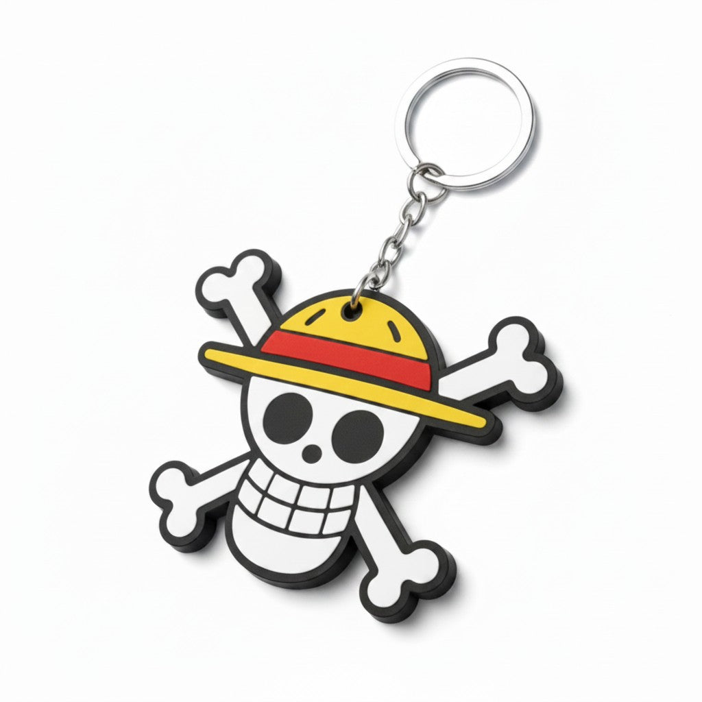 Magicland 3D One Piece Jolly Roger figürlü anahtarlık, beyaz, sarı ve kırmızı renklerde.