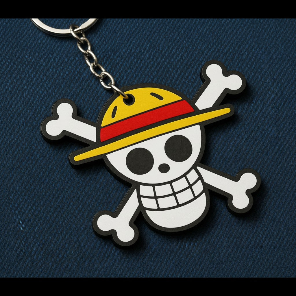 Magicland 3D One Piece Jolly Roger figürlü, sarı, kırmızı ve beyaz renkli anahtarlık.