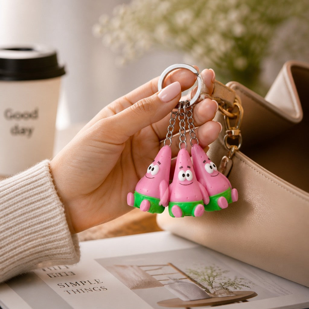 Magicland 3D pembe ve yeşil renkli, metal halkalı Patrick figürlü 3D baskı anahtarlık