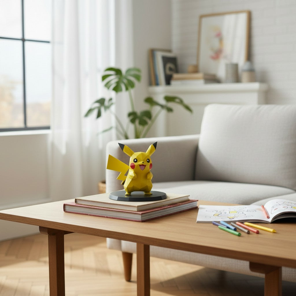 Magicland 3D Pikachu figürü, sarı ve siyah renklerde, oturma odasında bir sehpa üzerinde duruyor.