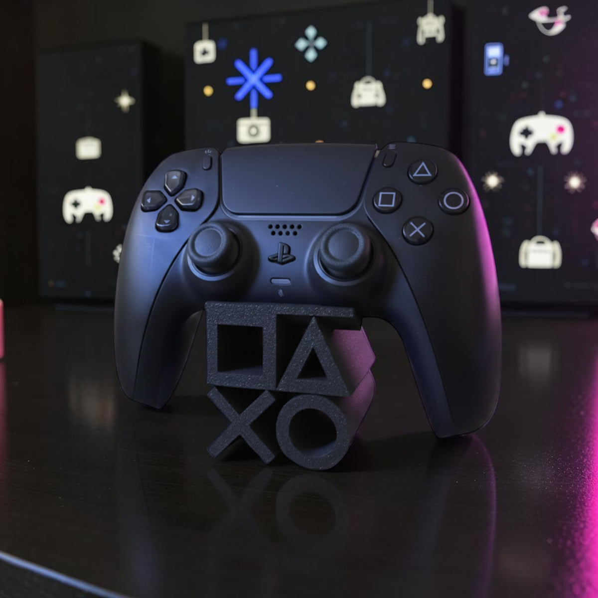 Magicland 3D PlayStation logolu siyah oyun kolu standı, PS5/PS4 uyumlu, 3D baskı PLA malzeme.