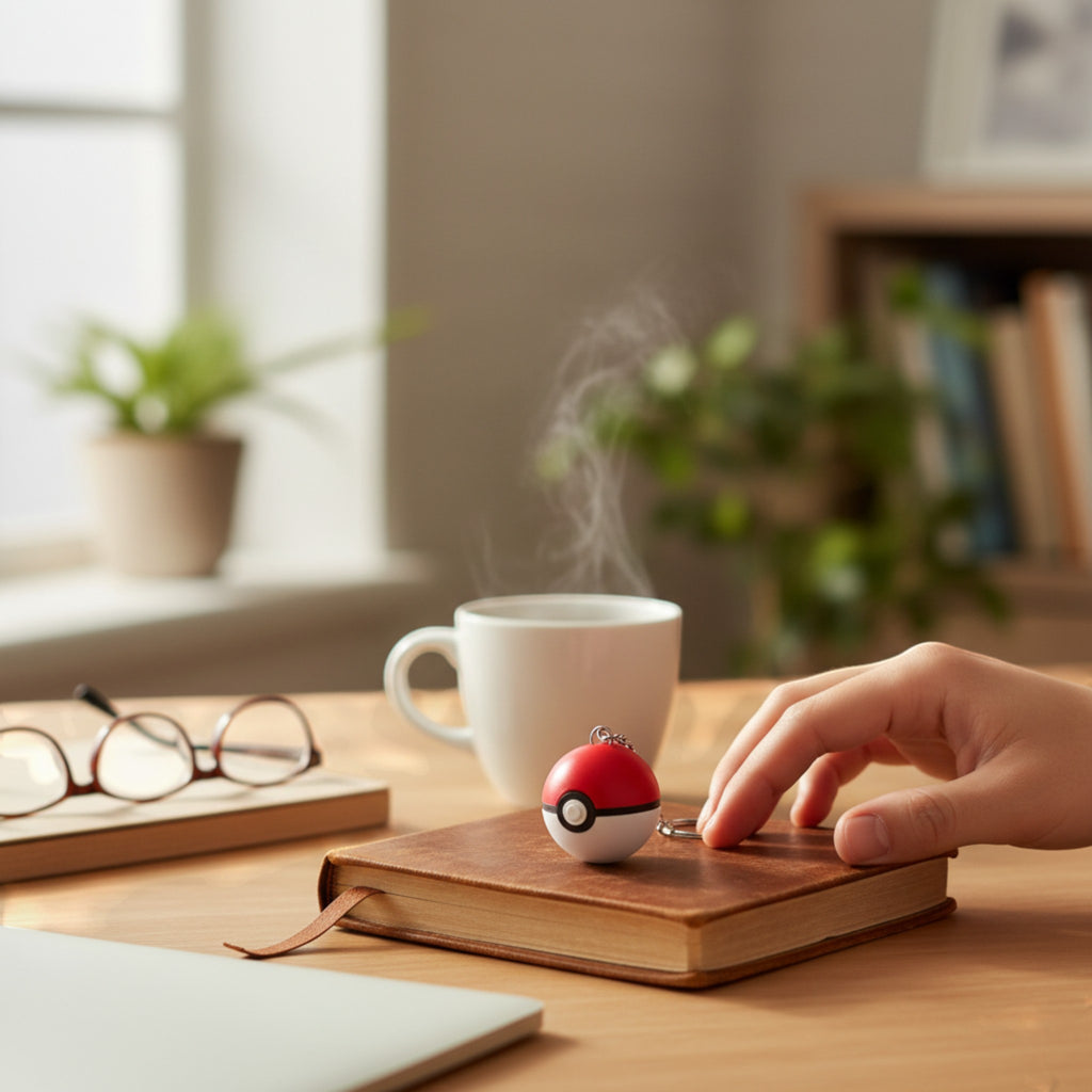 Magicland 3D kırmızı ve beyaz Pokeball şeklinde anahtarlık, kahve fincanı ve gözlük yanında duruyor.