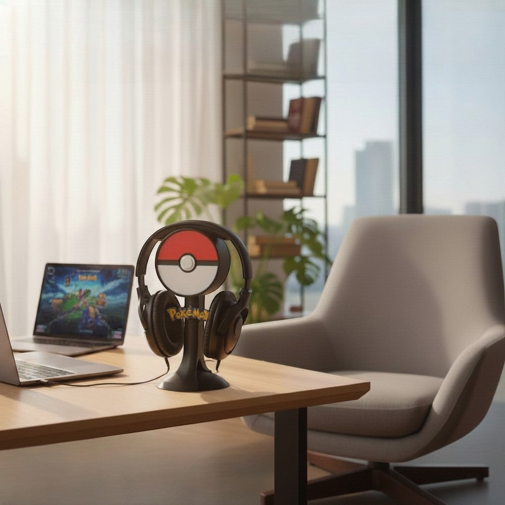 Magicland 3D Pokemon temalı kulaklık standı, üzerinde kulaklıklar ve Pokemon logosu bulunur.