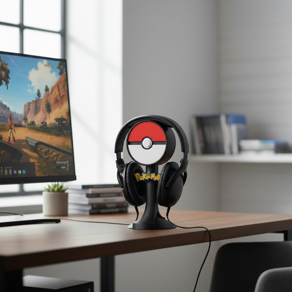 Magicland 3D Pokemon temalı kulaklık standı, Pok topu şeklinde, siyah ve kırmızı renklerde, kulaklıkları düzenlemek için ideal.