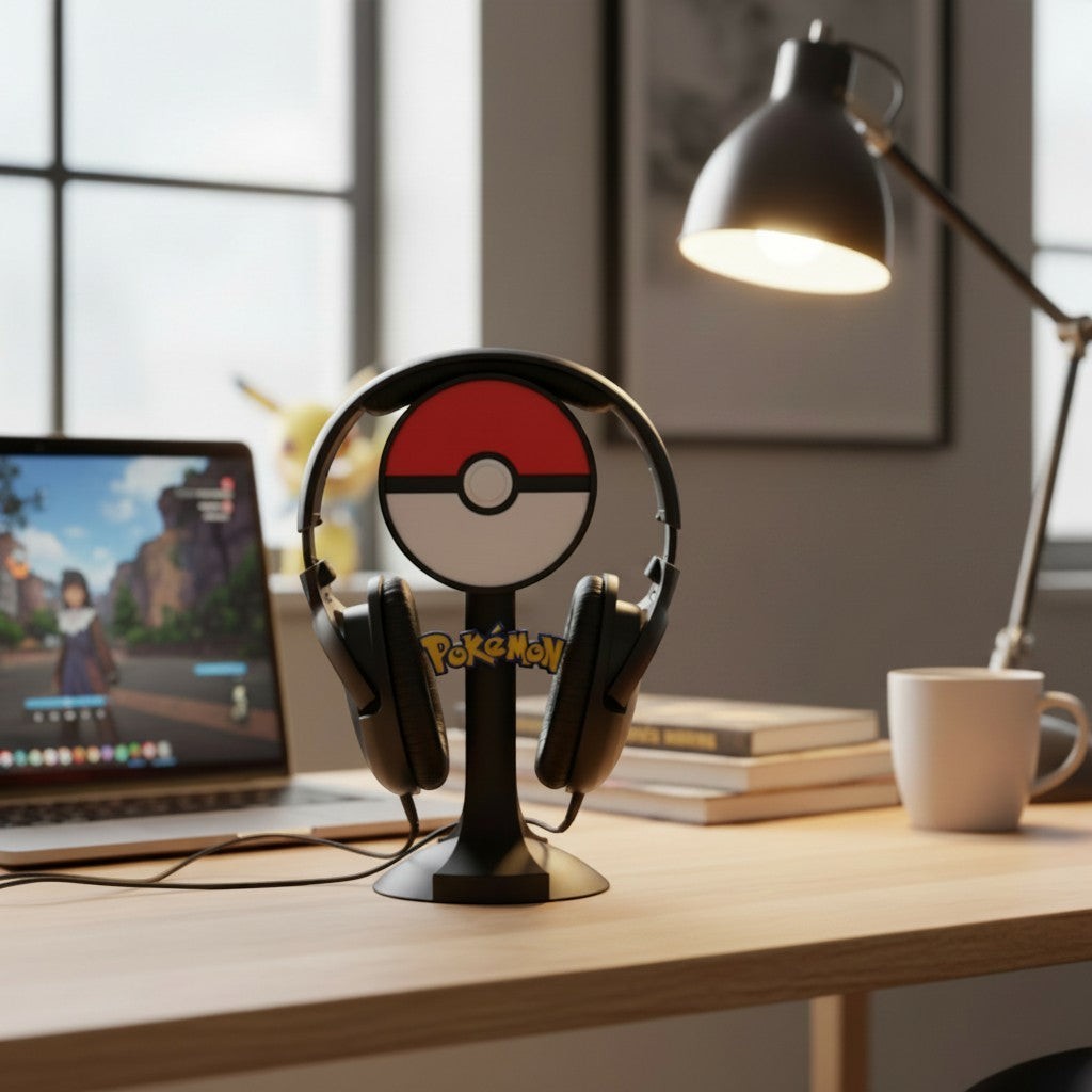 Magicland 3D Pokemon temalı kulaklık standı, üzerinde Pok topu tasarımı ve Pokemon logosu bulunur. Siyah kulaklıklar standa asılıdır.