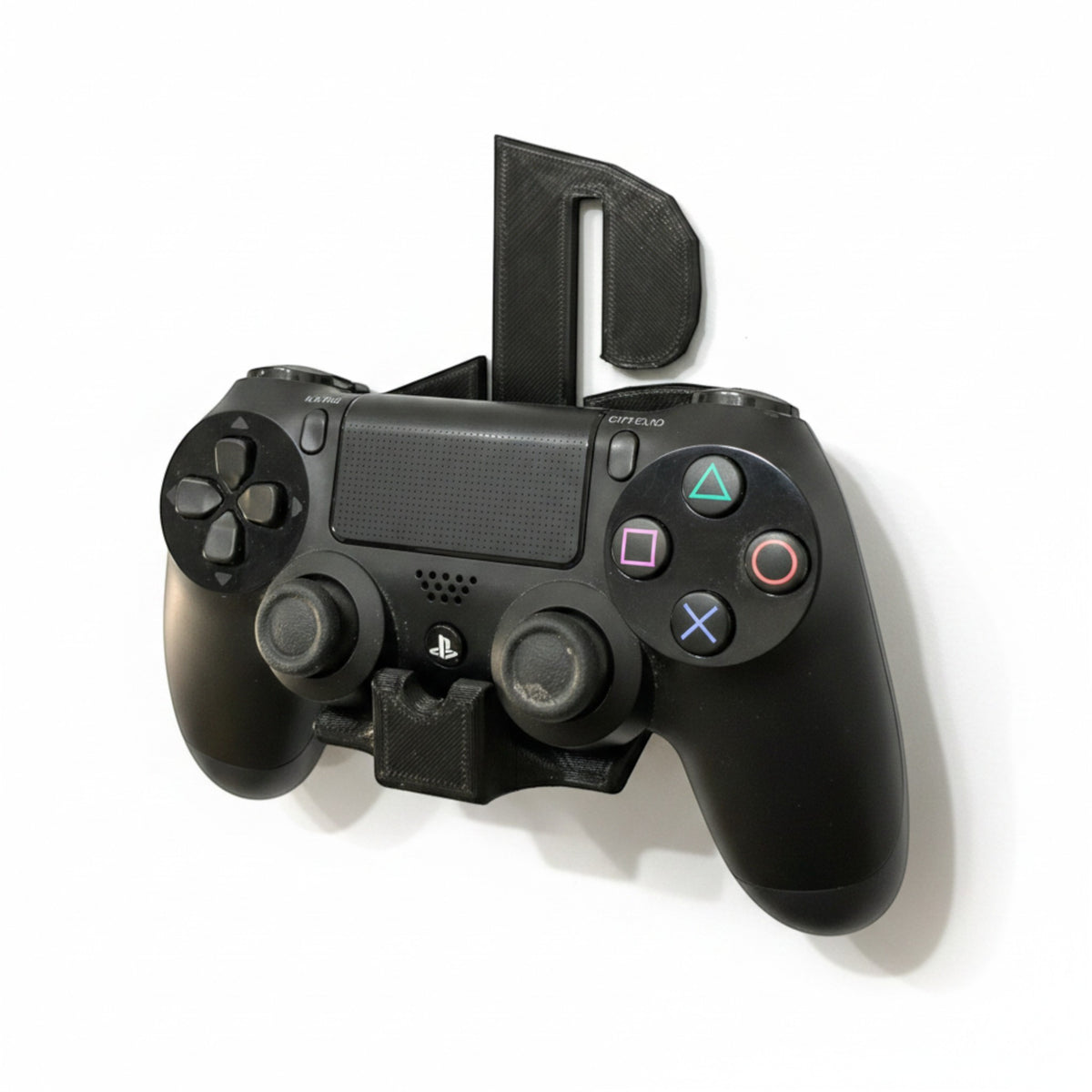 Black 3D printed wall mount holder for Playstation PS4 controller, featuring the Playstation logo.
