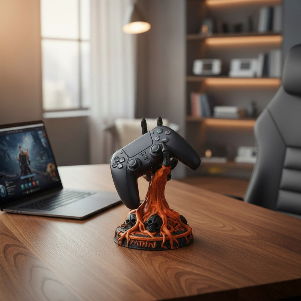 Magicland 3D PS5 kontrolcü standı, alev ve kuru kafa detaylı, turuncu ve siyah renklerde.