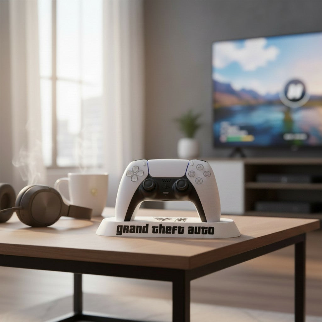 Magicland 3D GTA VI temalı beyaz PS5 kontrolcü standı, üzerinde Grand Theft Auto logosu bulunur.