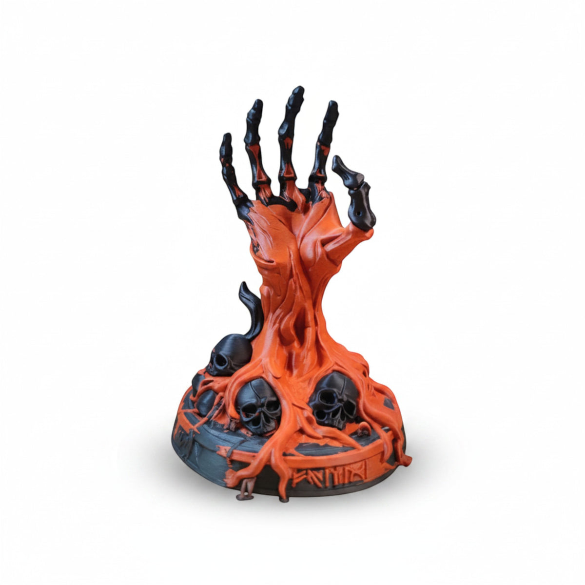 Magicland 3D turuncu ve siyah iskelet el şekilli PS5 kontrolcü standı, kuru kafa detaylı.
