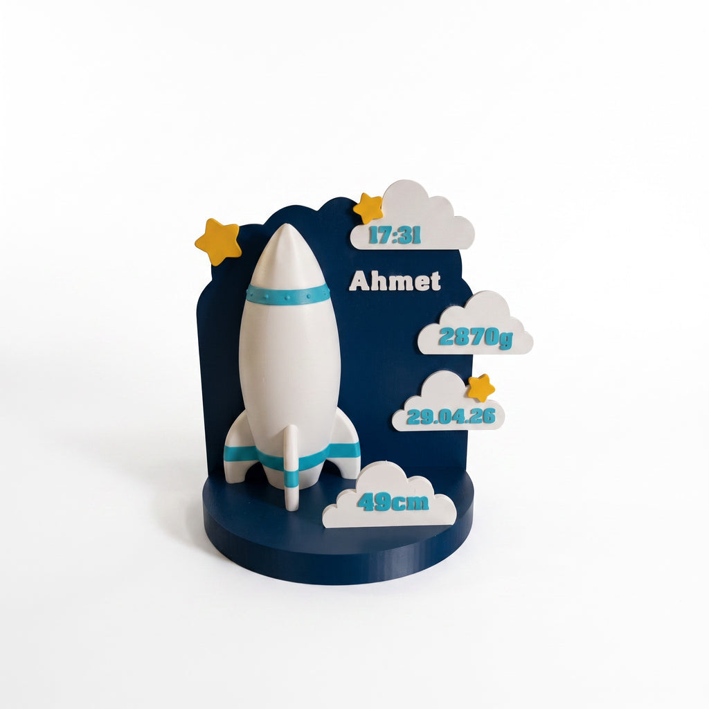 Magicland 3D roket temalı kişiselleştirilmiş bebek doğum bilgileri panosu, lacivert ve beyaz 3D baskı dekoratif figür.