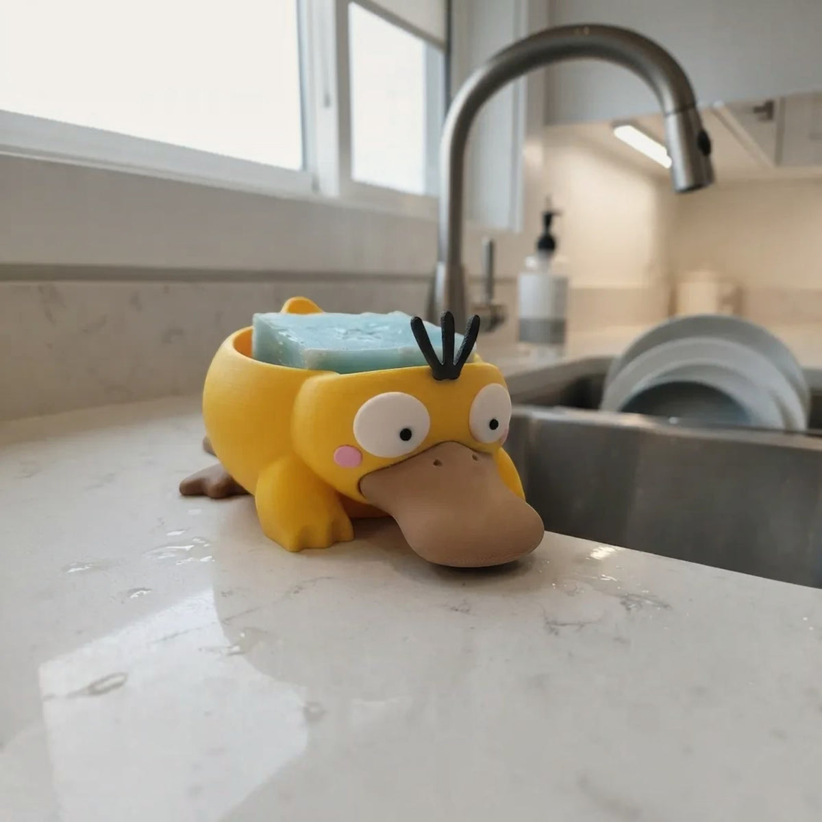 Magicland 3D sarı ördek tasarımlı, PLA malzemeden üretilmiş mutfak ve banyo için dekoratif süngerlik ve sabunluk.