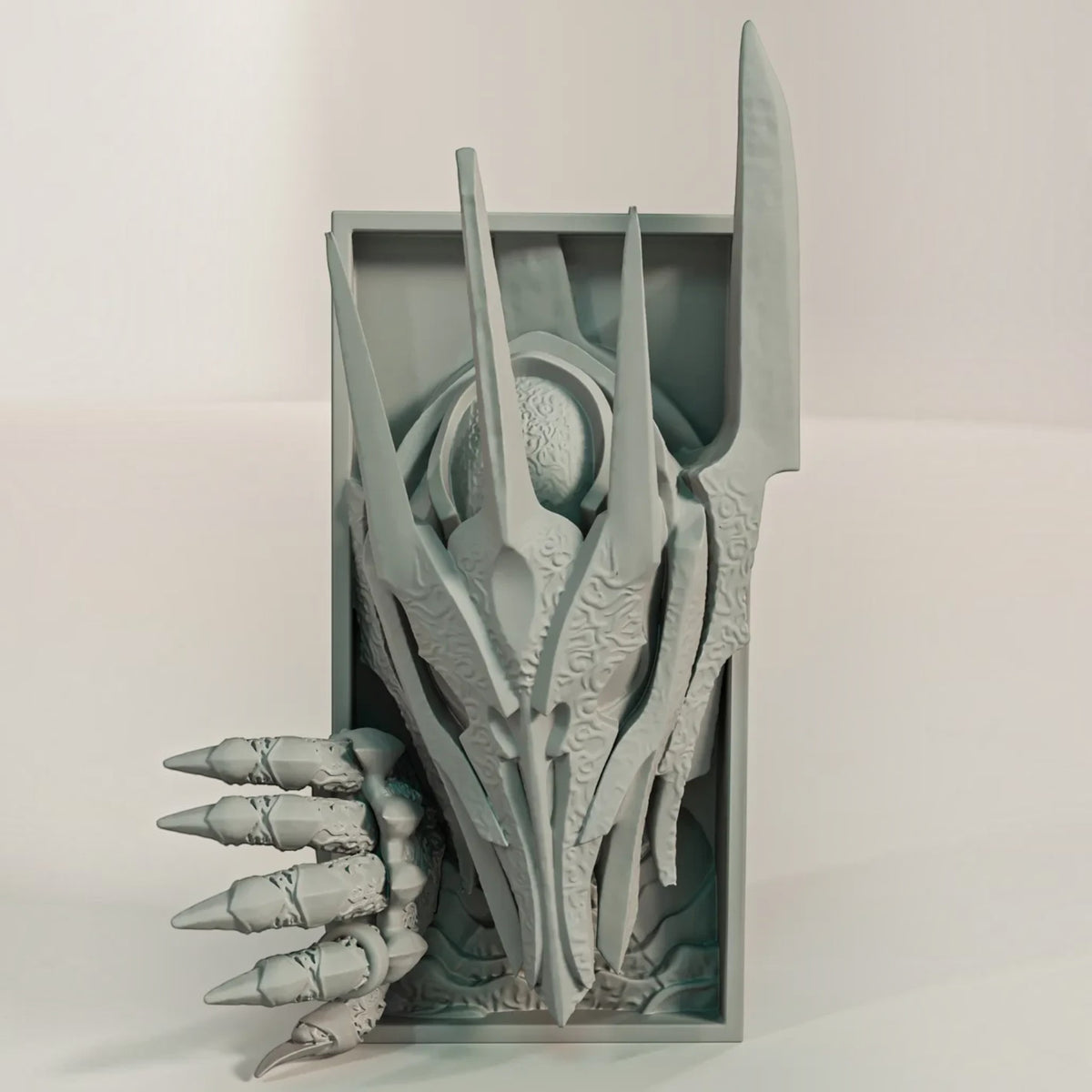 Magicland 3D Sauron temalı, yüzük takılı pençe ve işlemeli miğfer detaylı gri PLA kitap tutucu