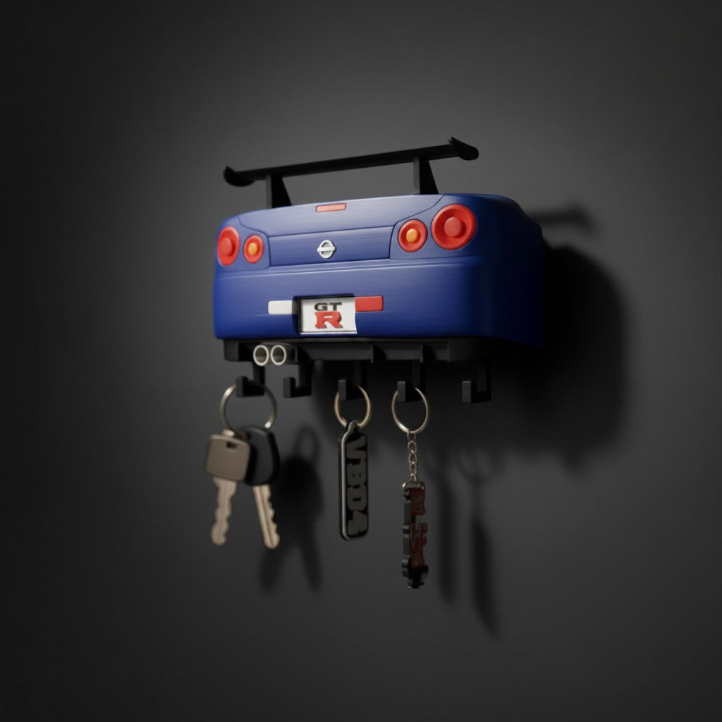 Magicland 3D mavi Skyline R34 GT-R tasarımlı, 5 kancalı, duvara monte edilen dekoratif anahtarlık askısı