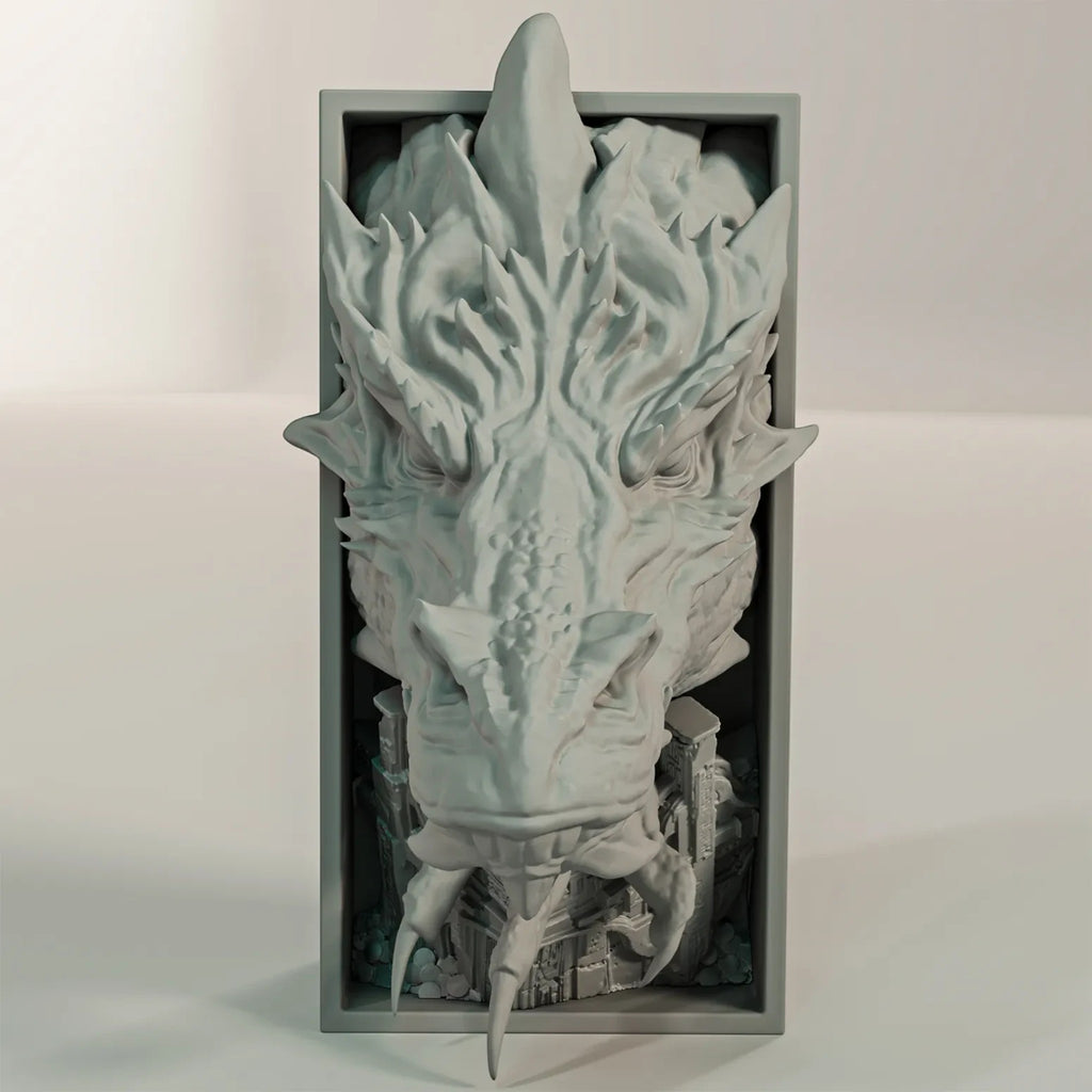 Magicland 3D Smaug ejderha figürlü dekoratif kitap tutucu, detaylı pul ve boynuz işlemeli 3D baskı kitaplık aksesuarı.