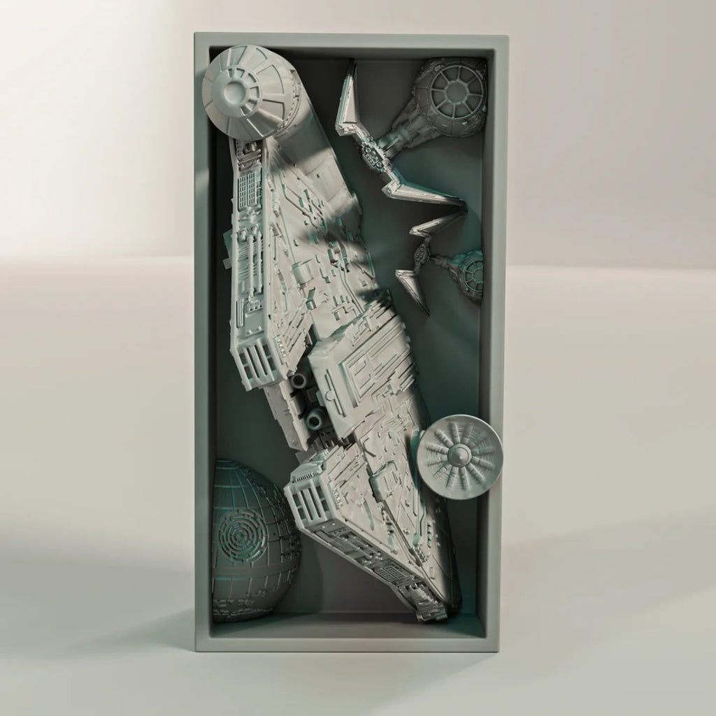 Magicland 3D Star Wars temalı, uzay gemisi ve istasyon detaylı gri PLA malzemeden üretilmiş diorama kitap tutucu
