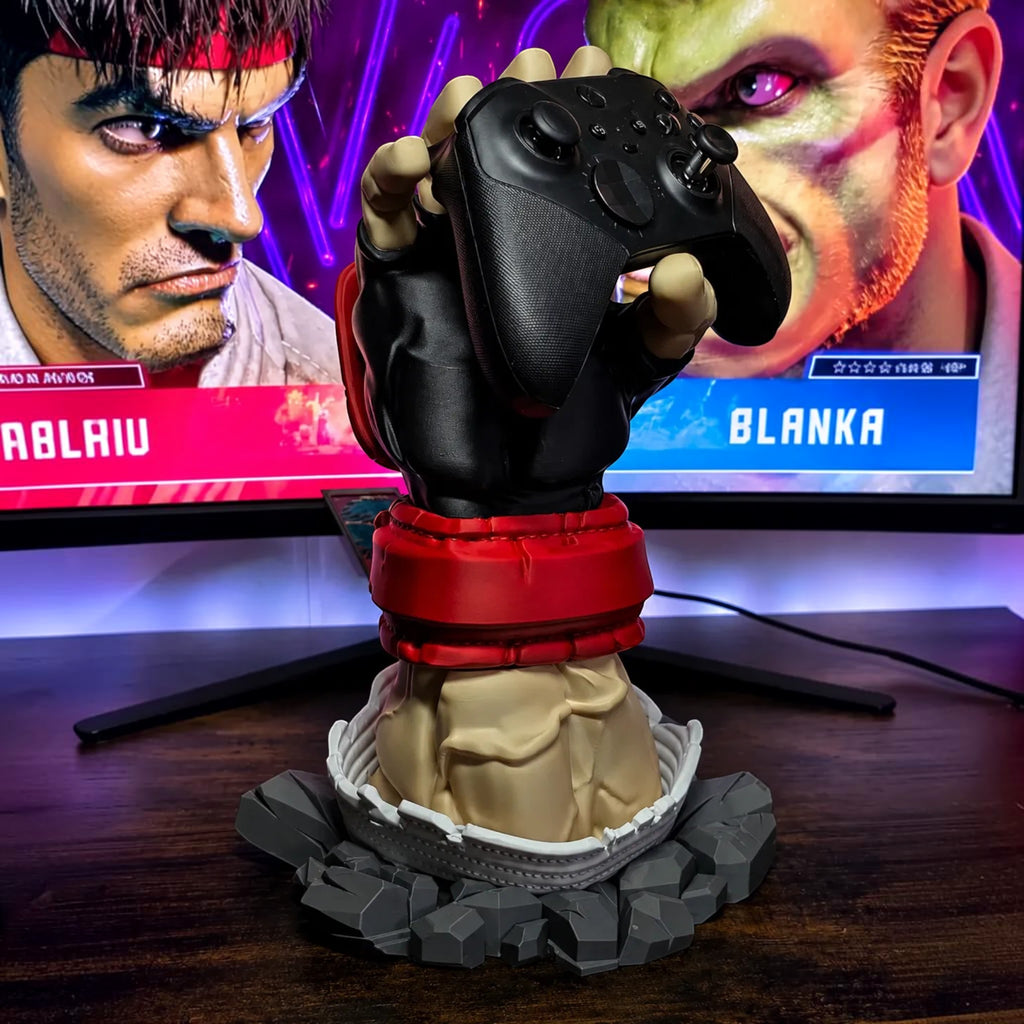 Magicland 3D Street Fighter temalı, siyah eldivenli ve kırmızı bandajlı çok renkli 3D baskı oyun kolu standı