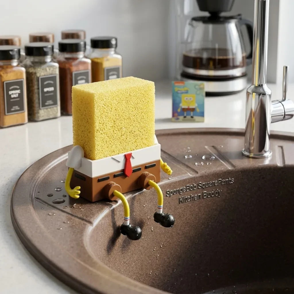 Magicland 3D Sünger Bob tasarımlı mutfak lavabosu süngerliği, sarı sünger ile tamamlanmış eğlenceli 3D baskı figür.