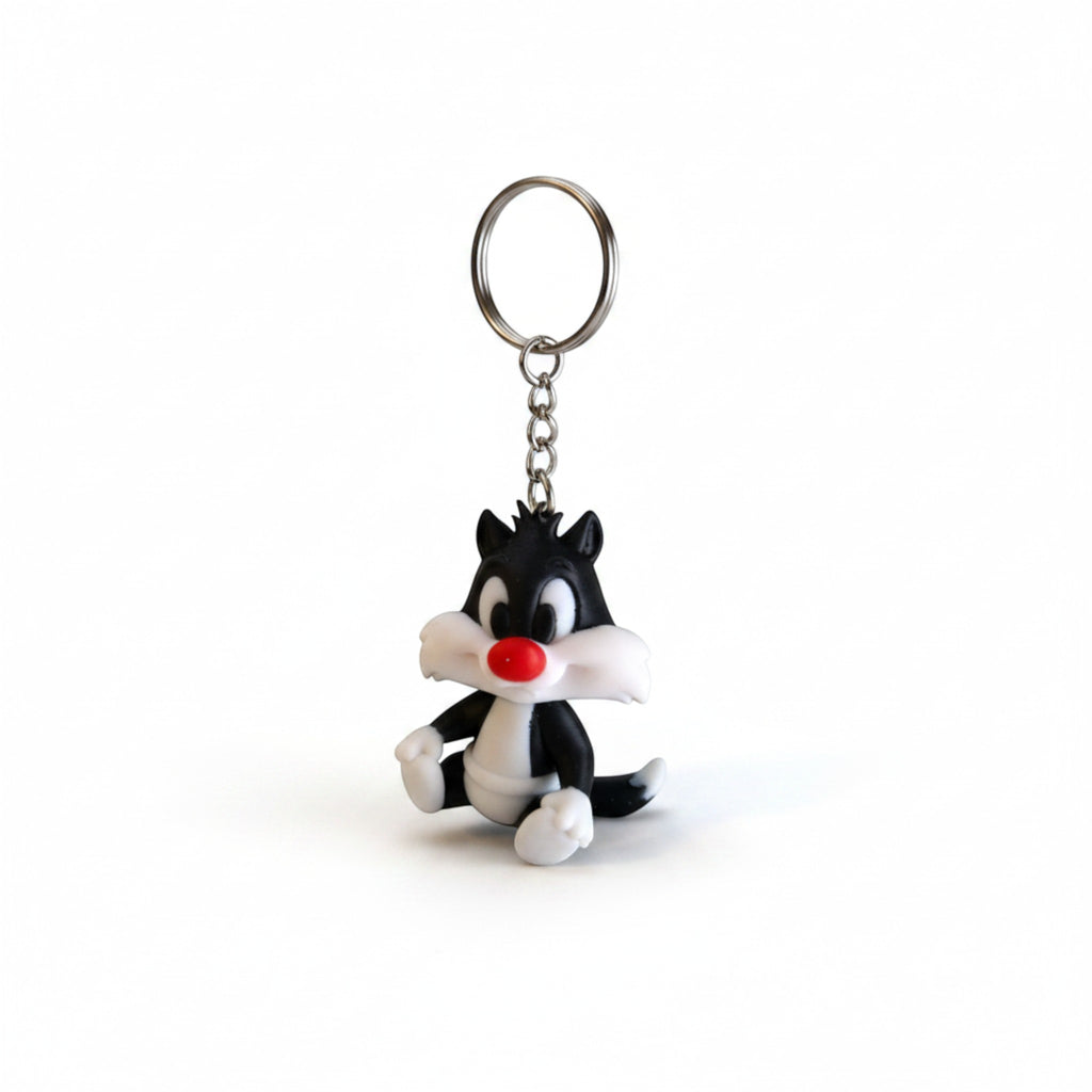 Magicland 3D Sylvester kedi figürlü, siyah beyaz, kırmızı burunlu anahtarlık