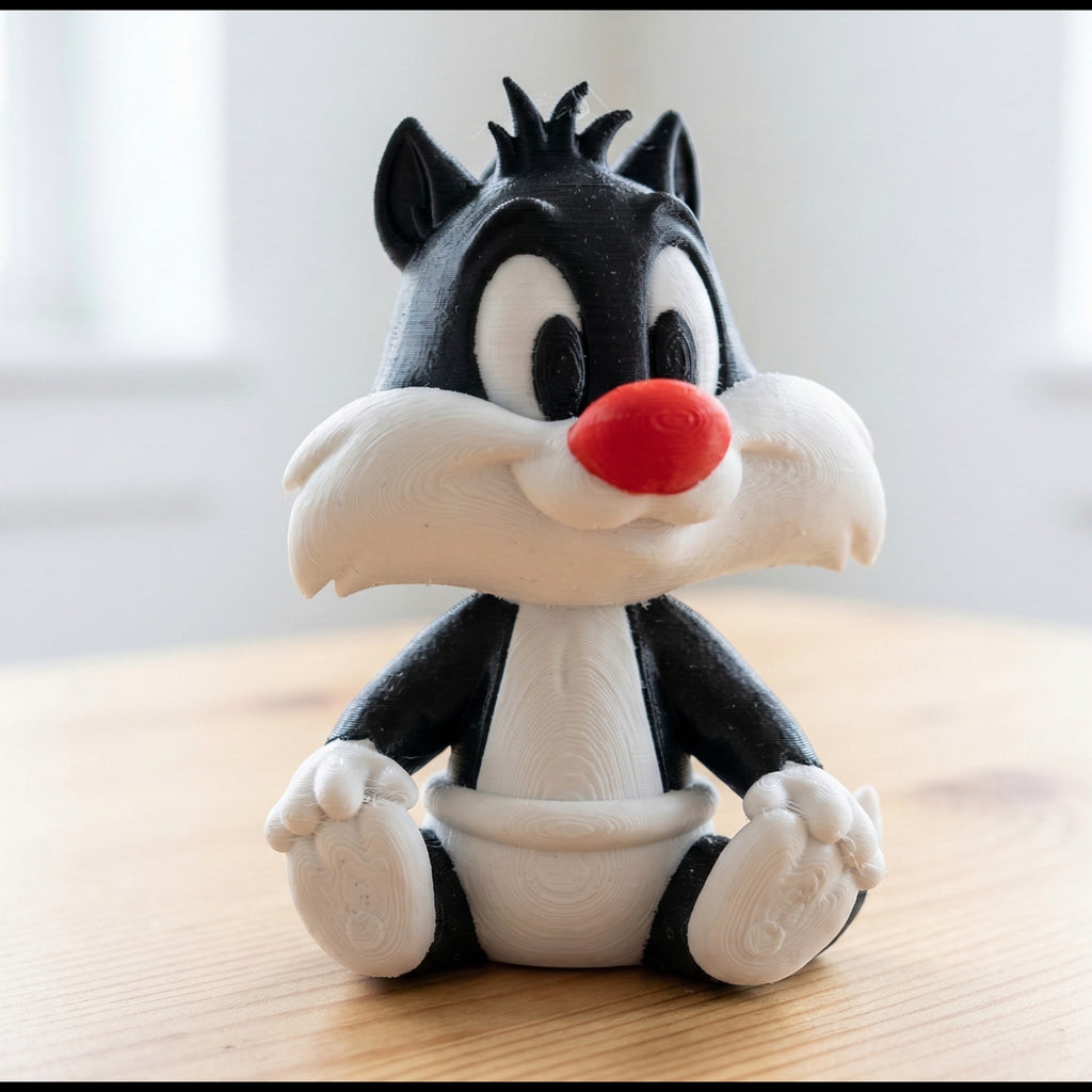 Magicland 3D Sylvester anahtarlık, siyah beyaz kedi figürü, kırmızı burunlu, 3D baskı, koleksiyonluk.