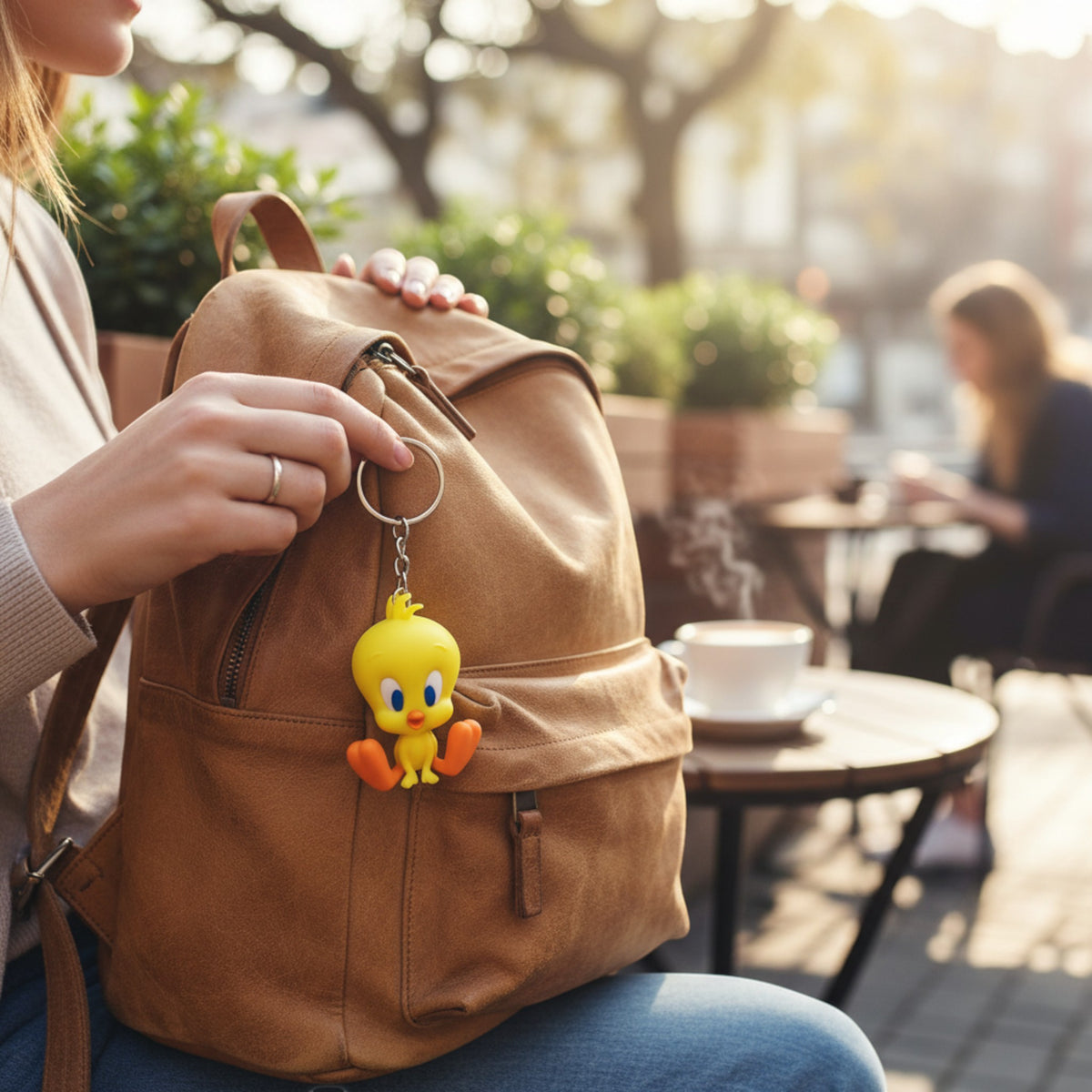 Magicland 3D sarı Tweety anahtarlık, kahverengi sırt çantasına takılı, dış mekan kafe ortamı.