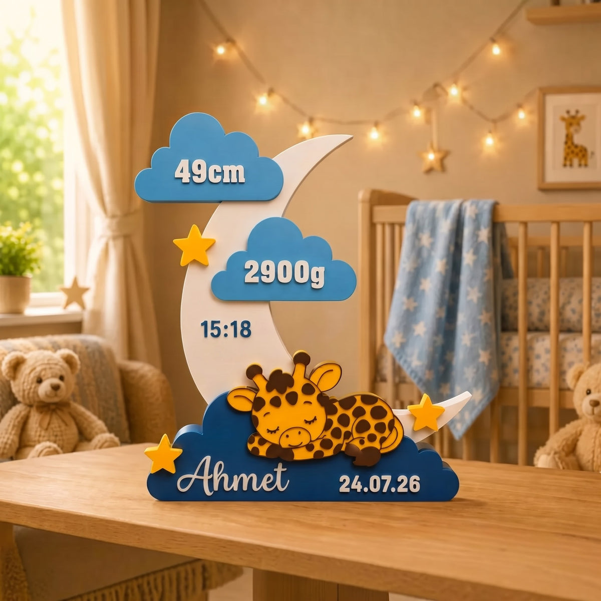 Magicland 3D uyuyan zürafalı, hilal ay ve bulut detaylı, kişiselleştirilebilir ahşap görünümlü bebek doğum panosu.