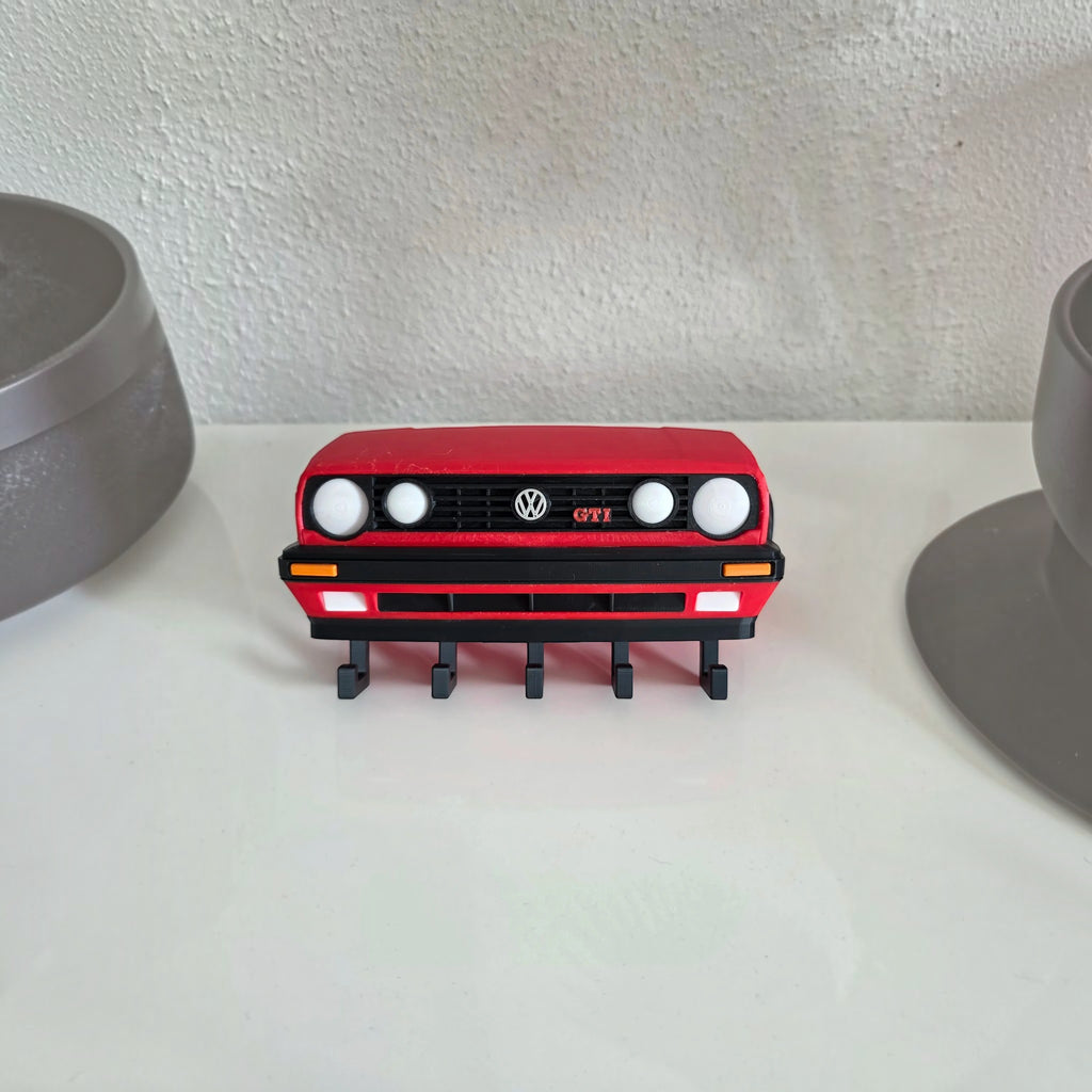 Magicland 3D tasarımı kırmızı Volkswagen Golf MK2 GTI ön yüz görünümlü 5 kancalı duvar tipi anahtarlık askısı
