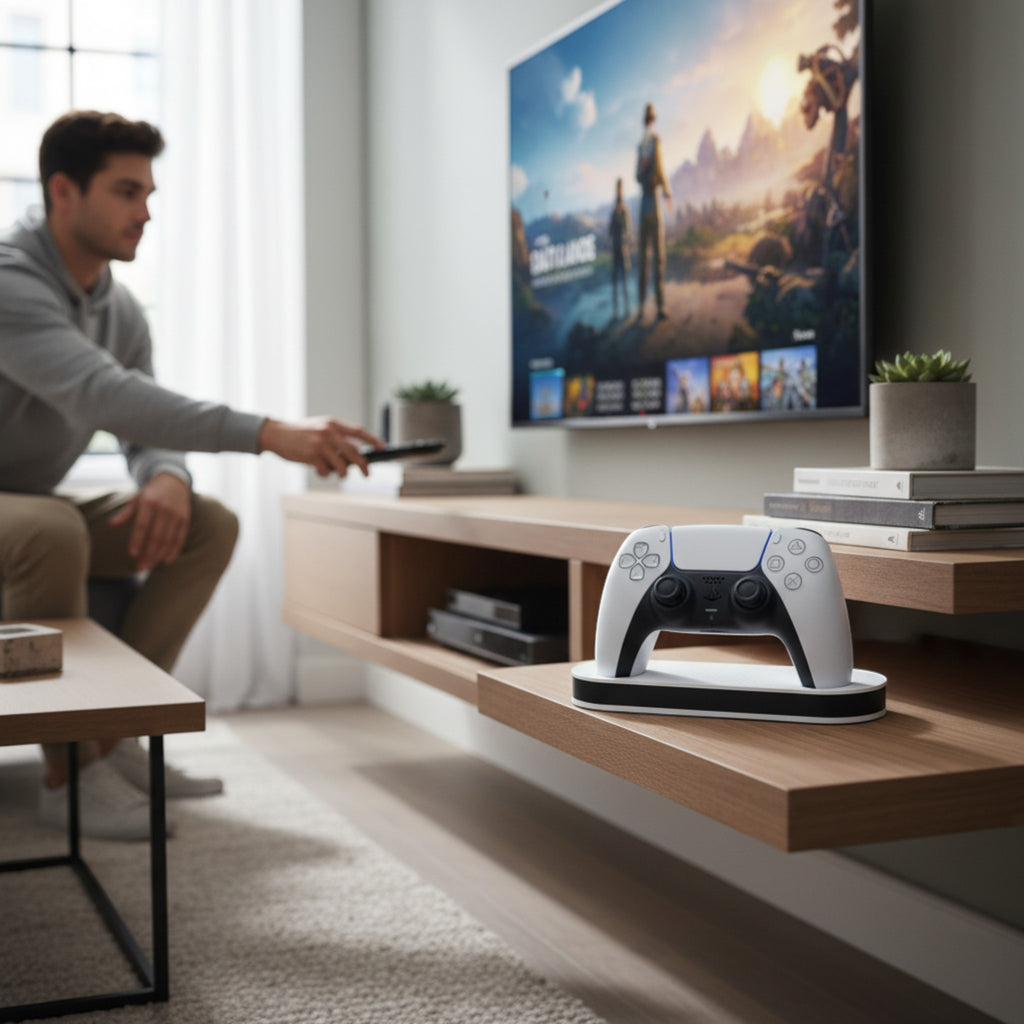 Magicland 3D minimalist white controller stand with black base, designed for gaming consoles.