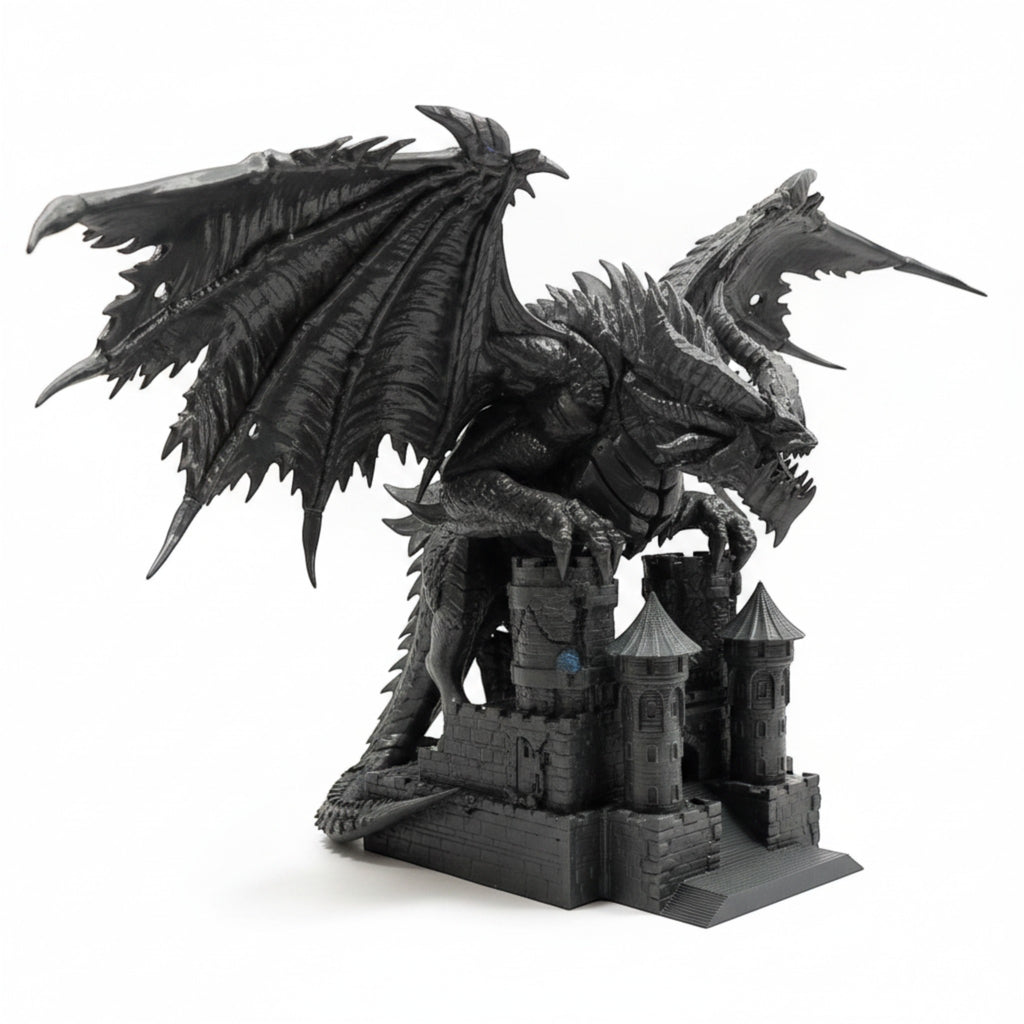 Magicland 3D WOW Deathwing figürü, siyah renkli, detaylı ejderha ve kale tasarımı.