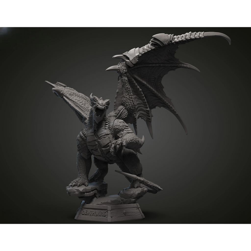 Magicland 3D WOW Deathwing figürü, detaylı zırhlı kanatları, pençeleri ve heybetli duruşuyla bir kaya üzerinde.
